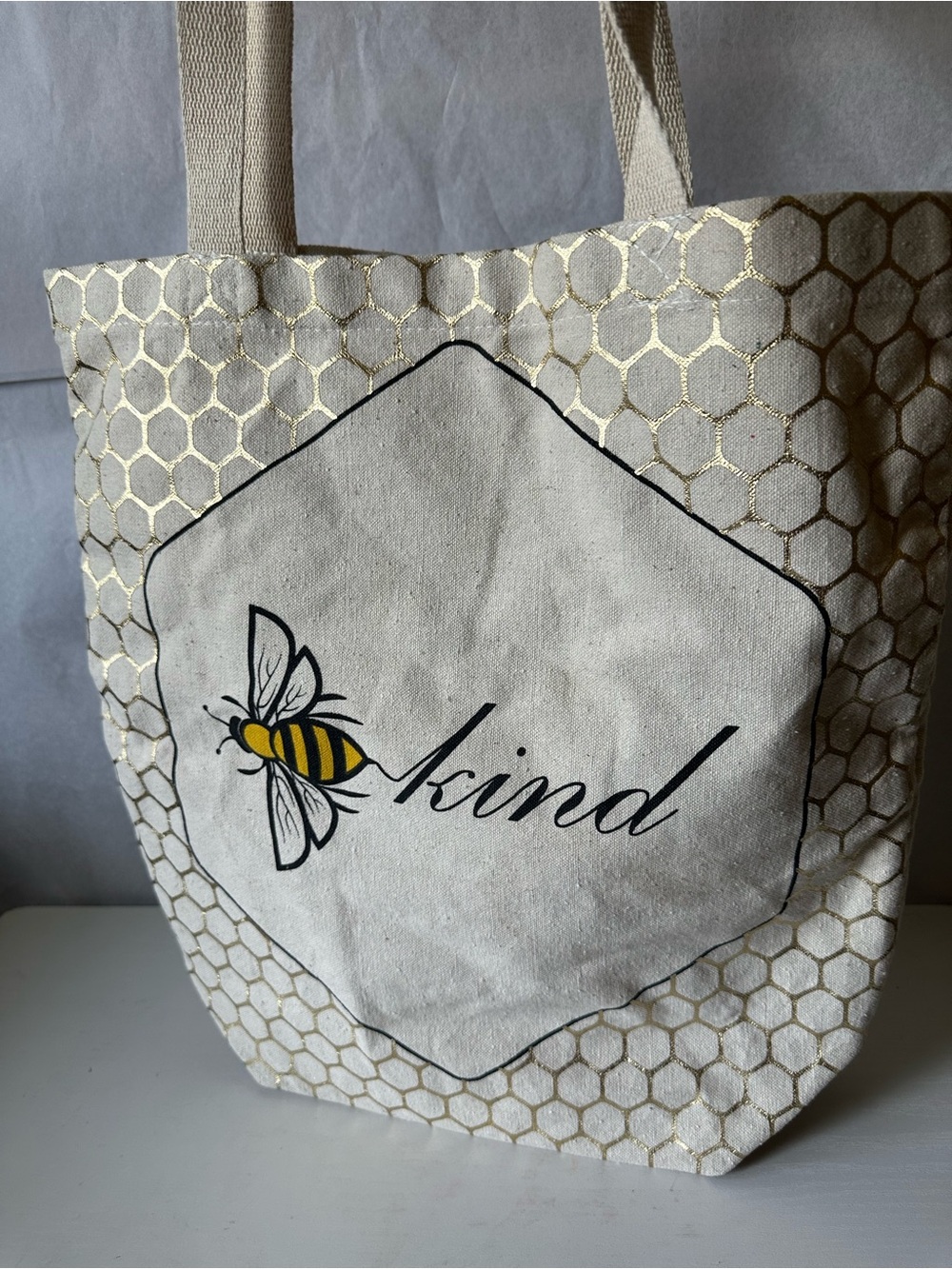 Bee Kind Honeycomb Bumble Bee Canvas Tote Gold